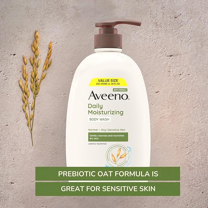 Aveeno Daily Moisturizing Body Wash for Normal to Dry Skin, Sensitive Formula with Prebiotic Oat, Gently Cleanses Dry Skin, Lightly Scented Body Wash for Women and Men, Value Size 33 fl. Oz