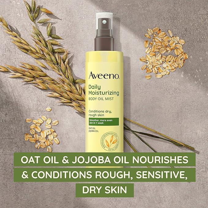 Aveeno Daily Moisturizing Body Oil Mist with Oat Oil and Jojoba Oil for Rough, Dry, Sensitive Skin, Nourishing Body Spray for Smoother, More Even Skin, Paraben- & Silicone-Free, 6.7 fl. oz