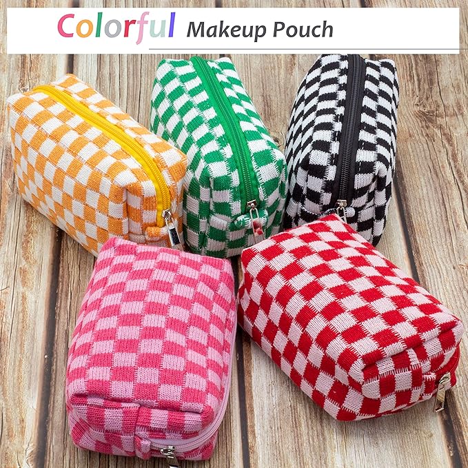 Checkered Makeup Bag for Purse, Small Travel Cosmetic Pouch,Colorful,6 Pack