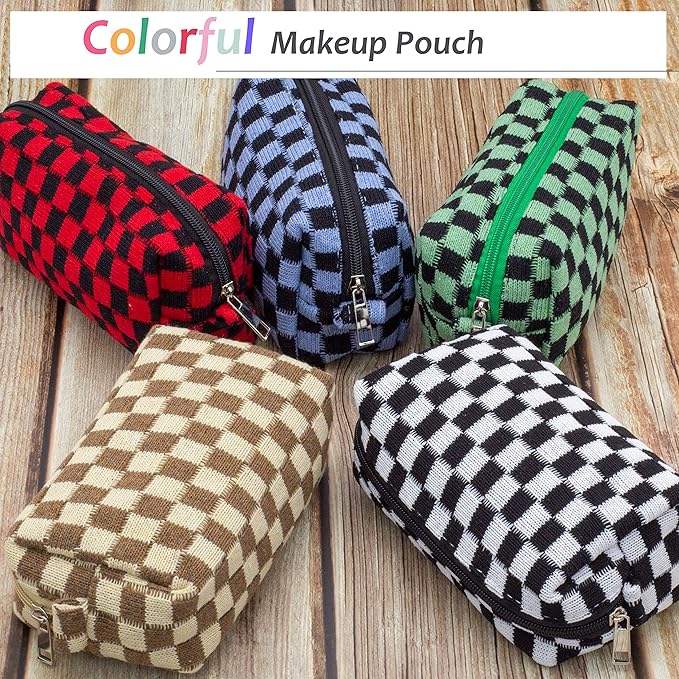 Checkered Makeup Bag for Purse, Small Travel Cosmetic Pouch,Coffee,6 Pack