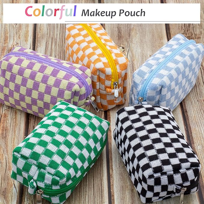 Checkered Makeup Bag for Purse, Small Cosmetic Pouch,Black Green,2 Pack