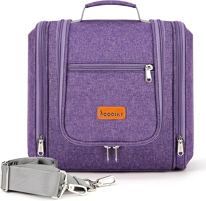 COOSKY Hanging Travel Toiletry Bag for Women and Men, 6 Organizer Compartments, Large Toiletries essentials, Bathroom Cosmetic Accessories, Water-resistant Makeup Bag, Holds Full-Size Shampoo, Purple