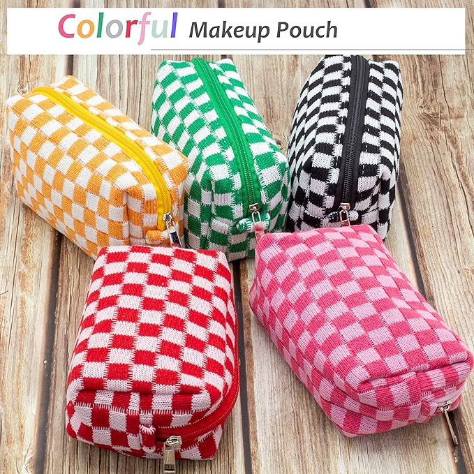 PAZIMIIK Checkered Makeup Bag for Purse, Small Travel Cosmetic Pouch,Red