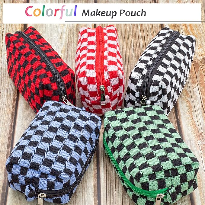 Checkered Makeup Bag for Purse, Small Cosmetic Pouch,Green Blue,2 Pack