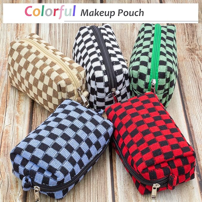 Checkered Makeup Bag for Purse, Small Travel Cosmetic Pouch,Red Black