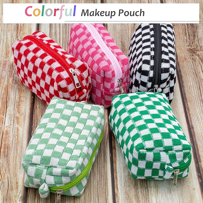 Checkered Makeup Bag for Purse, Small Travel Cosmetic Pouch,Light Green