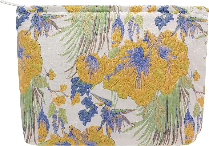 Flat Makeup Bag for Women,Zipper Cosmetic Pouch Purse,Brocade Flower Yellow