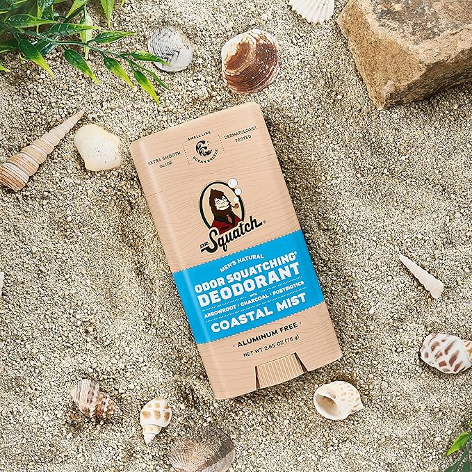 Dr. Squatch Natural Men’s Deodorant – Aluminum Free Natural Deodorant Men with Charcoal & Postbiotics for 72-Hour Odor Protection – Coastal Mist, 2.65oz Stick (3-Pack)