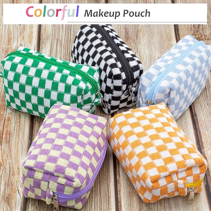 Checkered Makeup Bag for Purse, Small Travel Cosmetic Pouch,Orange,2 Pack