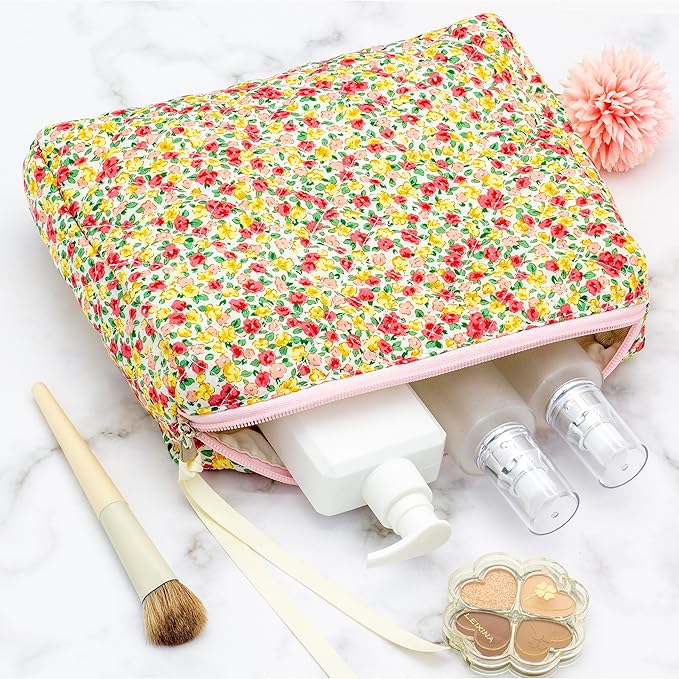 Quilted Makeup Pouch for Women, Travel Cosmetic&Toiletry Bag,Little Flower