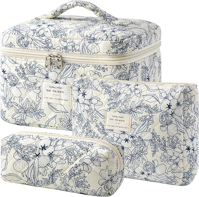 HBselect Quilted Makeup Bag, 3Pcs Cotton Large Travel Makeup Bags Organizer