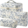 HBselect Quilted Makeup Bag, 3Pcs Cotton Large Travel Makeup Bags Organizer