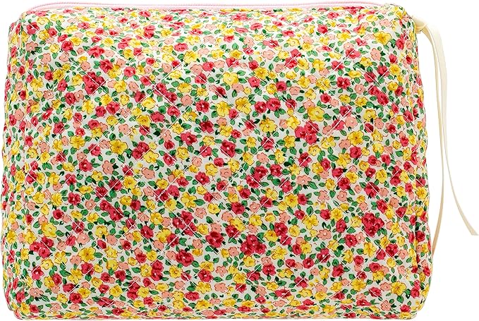 Quilted Makeup Pouch for Women, Travel Cosmetic&Toiletry Bag,Little Flower