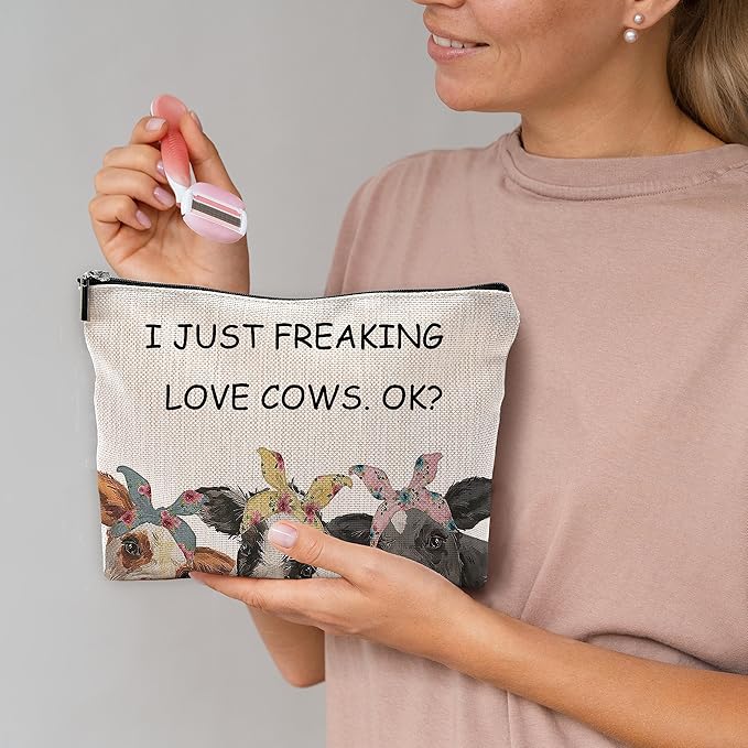 NEGIGA I Just Freaking Love Cows OK Farmhouse Cows with Bandanas Makeup Bag Cosmetic Bags with Zipper Pouch Travel Toiletry Case,Gifts for Cow Lovers Farm Girls